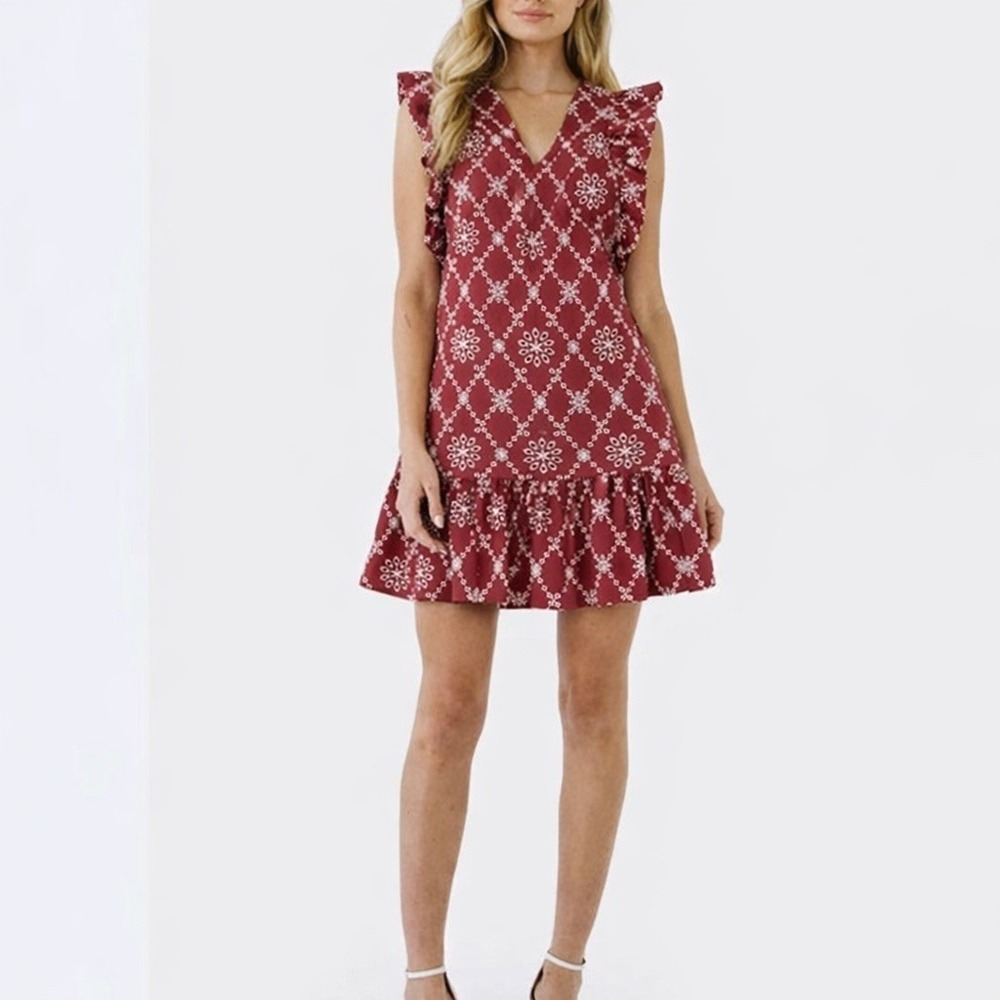 Free The Roses Anthropologie Burgundy Embroidered Mini Dress Ruffle  NWOT  Sz M